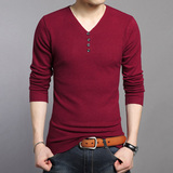 薄款春秋毛衣男套头韩版青年红色针织衫打底长袖修身纯色羊毛线衣