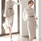 2016年春季韩版女中长款长袖高腰修身显瘦圆领两件套连衣裙套装裙