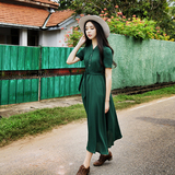 信仰与优雅 廷外原创自制2016夏装新款复古绿衬衫裙连衣裙长裙