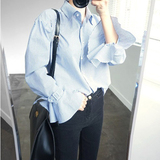 韩国2016秋季OL长袖衬衣女韩版修身显瘦喇叭袖蓝色条纹衬衫女潮