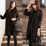 2015秋冬装新款西装领中长款拼接撞色韩版黑色羊毛呢子外套大衣女