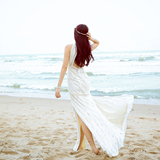 海边旅游度假沙滩裙波西米亚长裙挂脖高腰显瘦几何刺绣连衣裙夏