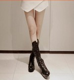 韩国代购2013冬款个性潮时尚百搭平底系带真皮中筒靴保暖女靴子