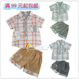 特价2015新款童装男童夏装儿童短袖衬衫男童格子衬衣套装J2755