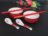 红色陶瓷喜碗搪瓷碗百喜陶瓷碗喜碗喜筷套装结婚庆对碗对筷勺餐具