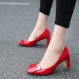品牌女鞋子韩版粗跟方头漆皮鞋气质方扣中跟红色单鞋OL职业高跟鞋