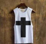 夏季2016韩版新款男装时尚流行个性十字架印花打底无袖T恤