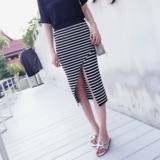 HONEY SASA 韩国夏季新款时尚斑马黑白条纹开叉包臀针织半身裙女