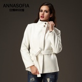 安娜索菲娅时尚 短款大衣  修身系带毛呢外套 品牌女装 秋冬新款