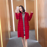 2016秋冬季新款时尚韩版女装格子中长款针织外套女加厚长袖大衣潮