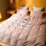 猫咪刺绣水洗棉四件套粉色卡通可爱全棉床笠床单款森女系床上用品