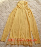 橙黄色折皱高领莫代尔弹力棉蕾丝雪纺裙摆长袖中长款女打底T恤衫
