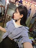 2016夏季韩版短袖七分袖宽松一字领条纹衬衫露肩拼接假两件衬衣女