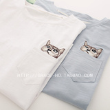 Grace格格子 韩国代购竹节棉刺绣猫咪口袋宽松中长款短袖T恤女款