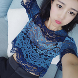 2016夏季新款女装韩版镂空短款上衣 修身显瘦打底外穿短袖蕾丝衫