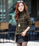 正品牌冬季新款韩版女格子修身网纱加厚长袖中长款T恤弹力打底衫
