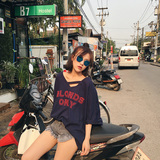 韩版宽松字母印花V领短袖T恤领口镂空体恤女潮个性韩国东大门夏季