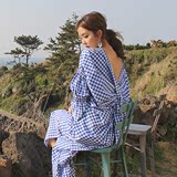 2016韩国东大门代购夏季女装新款个性格子褶皱露背V领连衣裙长裙