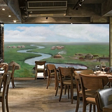巨幅风景油画壁纸农家土菜馆家常菜餐厅中式饭店定制墙纸草原壁画