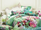 春夏绿色3D油画牡丹花大花全棉四件套床上用品被套床单结婚中国风