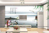 中式山水壁画 鹤荷花自然风景墙纸 书房客厅沙发电视背景墙纸壁纸