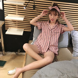 韩国显瘦条纹衬衫丝绸睡衣短袖休闲简约薄款家居服套装女春夏季