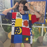 韩版夏季女装学院卡通印花涂鸦原宿休闲宽松百搭显瘦短袖中长t恤