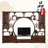 鸡翅木电视柜组合电视柜背景墙 实木红木中式书架组合 加长3米