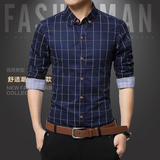 GXG Dream春季男士格子长袖衬衫纯棉商务休闲修身薄青年男装衬衣