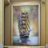 欧式复古帆船油画3D立体壁画玄关走廊电视背景墙壁纸墙纸无缝墙布