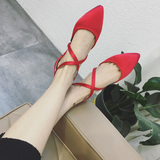 淑女风范时尚2016春夏季新款女鞋绸缎面浅口尖头平跟平底红色单鞋