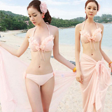 韩国bikini泳衣女比基尼温泉三件套性感披纱大小胸聚拢带钢托泳装