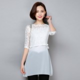 2016春装新款韩版宽松七分袖雪纺衫上衣女款中长款蕾丝衫打底衫潮