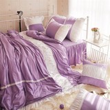 韩式淑女家纺 全棉素色紫色纯色双拼韩国公主床品床上用品四件套