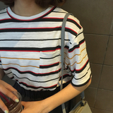 夏装韩国透气竹节棉细条纹撞色短袖T恤女学院风宽松休闲圆领上衣