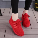 新款情侣男女鞋韩版红色平底网面运动鞋女秋跑步鞋透气低帮休闲鞋