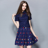 两件套套装裙 女 2016夏 欧美深蓝色衬衫+口红印花A字半身裙套装