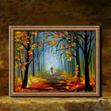 手绘VERY-ART奔跑林中美景意境深远粗犷刀画暖色调欧式风景油画