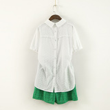 原创日式小清新镂空图案可爱娃娃领短袖衬衫女中长款白色棉麻上衣