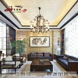 新中式现代样板房酒店会所实木三人真皮沙发椅小户型客厅家具定制
