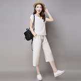 2016夏季新款韩版女装套装纯色宽松棉麻上衣七分休闲裤两件套 女