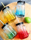 创意渐变彩色梅森玻璃瓶果汁饮料透明带盖送硬塑料吸管水杯子