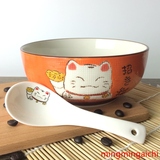 创意陶瓷日式泡面碗 6寸卡通招财猫面碗带盖带勺 学生泡面神器