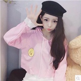 夏季女装韩国ulzzang可爱笑脸连帽长袖薄t恤宽松韩版短款上衣学生