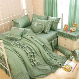 韩式家纺全棉绿色床品三件套纯棉田园风格公主花边四件套床上用品