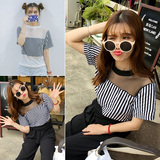 2016夏季新款韩版女装性感透视网纱拼接条纹短袖上衣T恤衫女学生