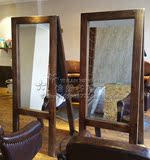 创意复古实木化妆镜子美式双面镜子落地镜发廊理发店双面美发镜台