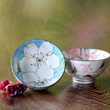 日本进口陶瓷餐具红蓝双色创意精美可爱儿童.情侣对碗米饭碗樱花