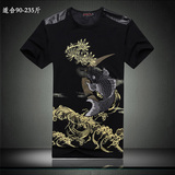夏季中国风潮流男士短袖T恤有鲤鱼刺绣花加肥加大码半袖T血桖胖子