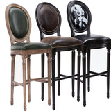 简约复古美式古典印象圆背椅子欧式实木餐椅酒吧高脚凳软包椅